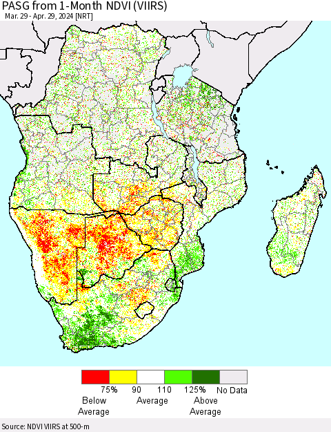 Southern Africa PASG from 1-Month NDVI (VIIRS) Thematic Map For 4/22/2024 - 4/29/2024