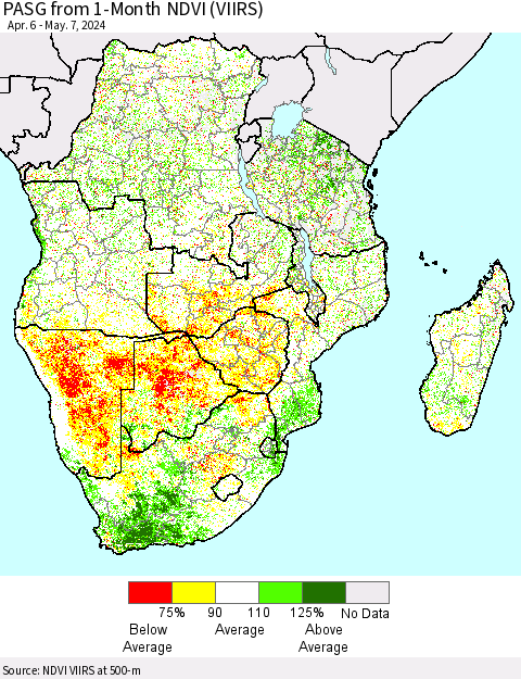 Southern Africa PASG from 1-Month NDVI (VIIRS) Thematic Map For 4/30/2024 - 5/7/2024