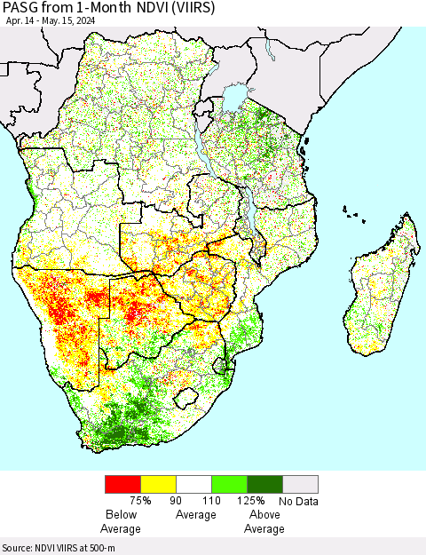 Southern Africa PASG from 1-Month NDVI (VIIRS) Thematic Map For 5/8/2024 - 5/15/2024