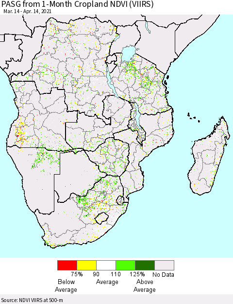Southern Africa PASG from 1-Month Cropland NDVI (VIIRS) Thematic Map For 4/7/2021 - 4/14/2021