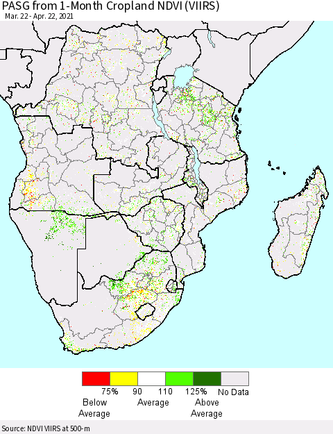 Southern Africa PASG from 1-Month Cropland NDVI (VIIRS) Thematic Map For 4/15/2021 - 4/22/2021