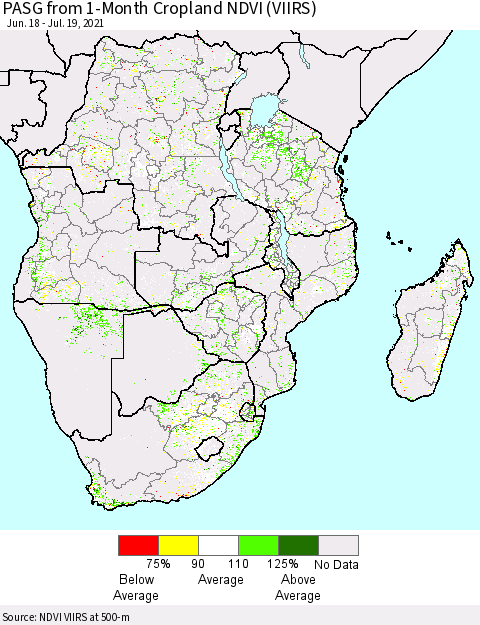 Southern Africa PASG from 1-Month Cropland NDVI (VIIRS) Thematic Map For 7/12/2021 - 7/19/2021