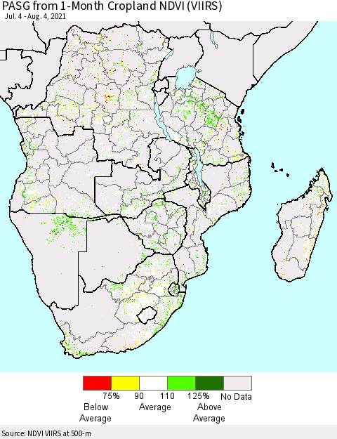 Southern Africa PASG from 1-Month Cropland NDVI (VIIRS) Thematic Map For 7/28/2021 - 8/4/2021