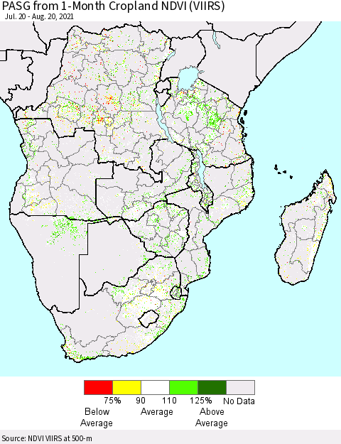Southern Africa PASG from 1-Month Cropland NDVI (VIIRS) Thematic Map For 8/13/2021 - 8/20/2021