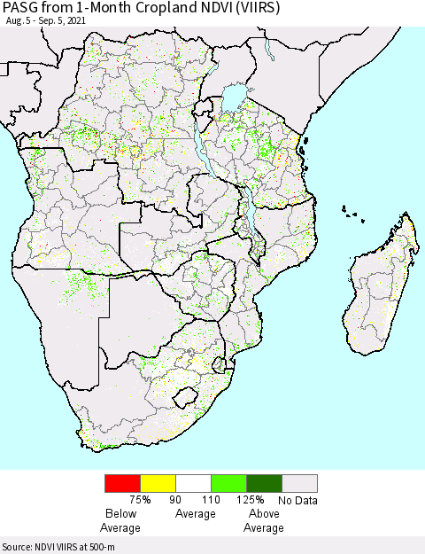 Southern Africa PASG from 1-Month Cropland NDVI (VIIRS) Thematic Map For 8/29/2021 - 9/5/2021