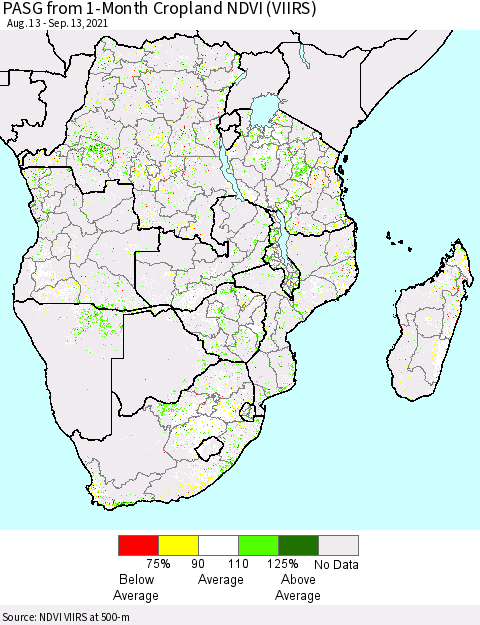 Southern Africa PASG from 1-Month Cropland NDVI (VIIRS) Thematic Map For 9/6/2021 - 9/13/2021