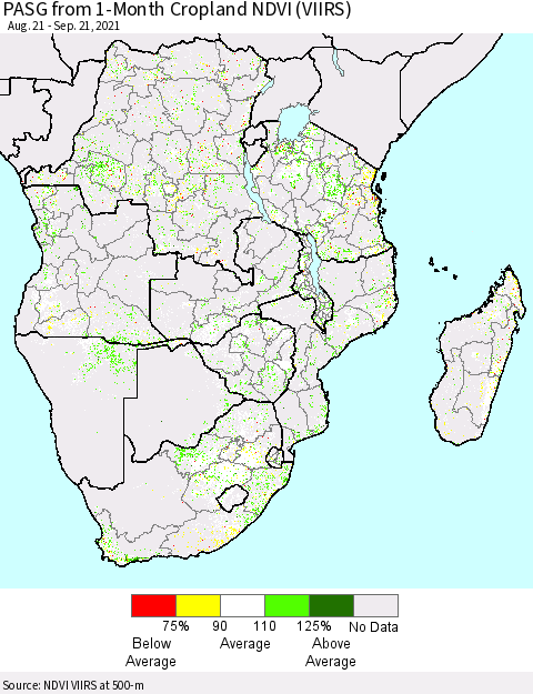 Southern Africa PASG from 1-Month Cropland NDVI (VIIRS) Thematic Map For 9/14/2021 - 9/21/2021