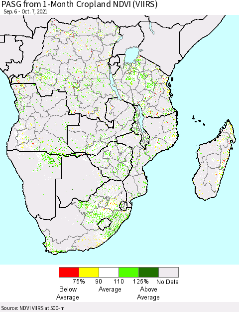 Southern Africa PASG from 1-Month Cropland NDVI (VIIRS) Thematic Map For 9/30/2021 - 10/7/2021