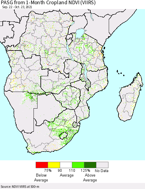 Southern Africa PASG from 1-Month Cropland NDVI (VIIRS) Thematic Map For 10/16/2021 - 10/23/2021