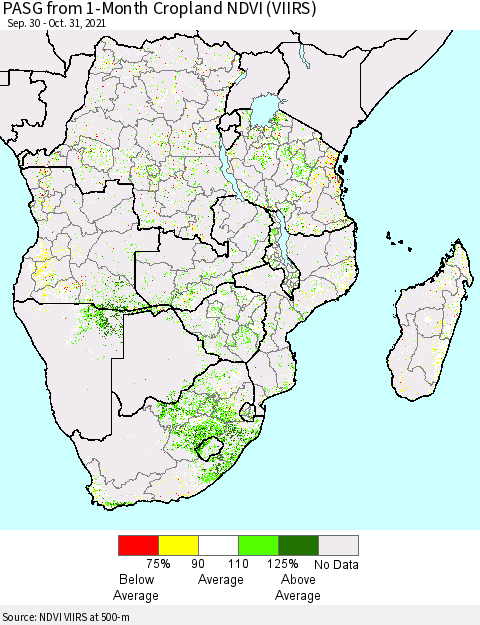 Southern Africa PASG from 1-Month Cropland NDVI (VIIRS) Thematic Map For 10/24/2021 - 10/31/2021