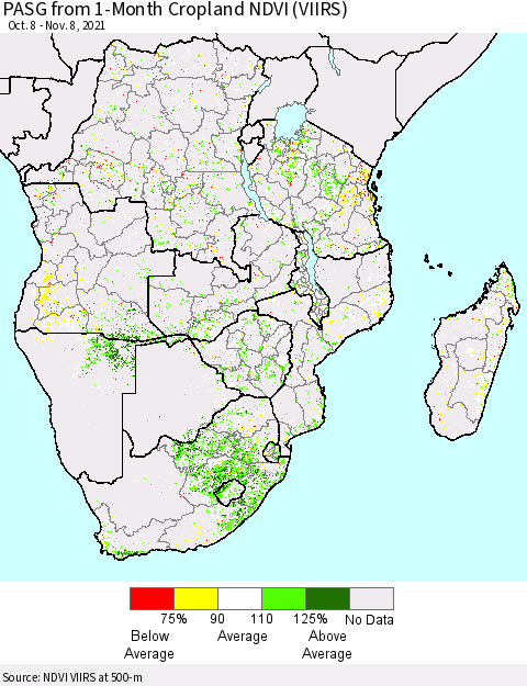 Southern Africa PASG from 1-Month Cropland NDVI (VIIRS) Thematic Map For 11/1/2021 - 11/8/2021