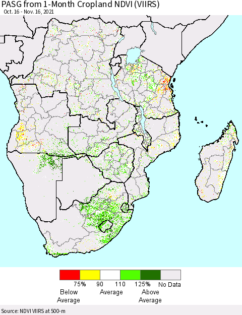 Southern Africa PASG from 1-Month Cropland NDVI (VIIRS) Thematic Map For 11/9/2021 - 11/16/2021