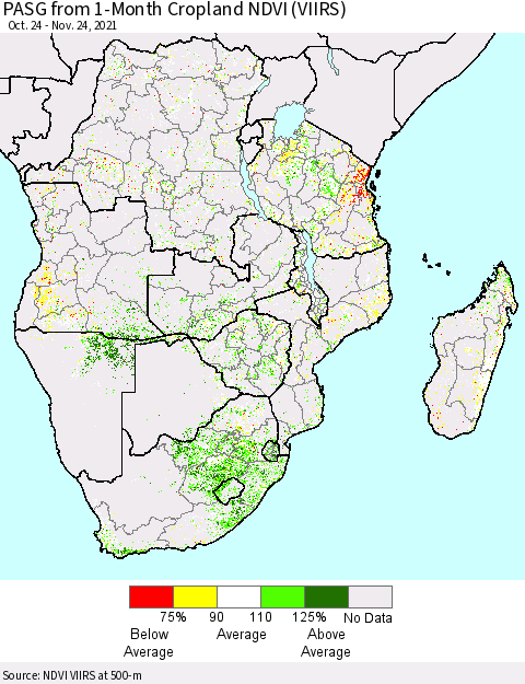 Southern Africa PASG from 1-Month Cropland NDVI (VIIRS) Thematic Map For 11/17/2021 - 11/24/2021