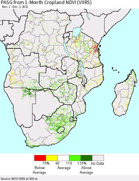 Southern Africa PASG from 1-Month Cropland NDVI (VIIRS) Thematic Map For 11/25/2021 - 12/2/2021
