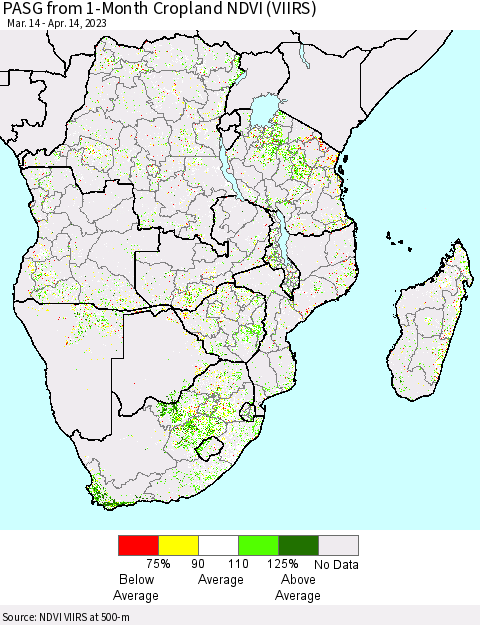 Southern Africa PASG from 1-Month Cropland NDVI (VIIRS) Thematic Map For 4/7/2023 - 4/14/2023