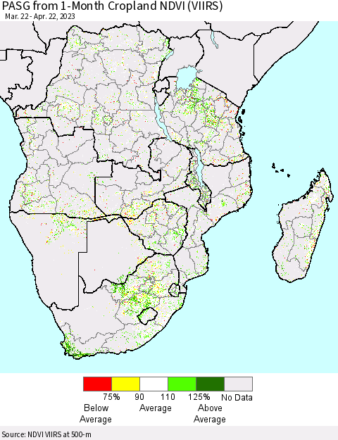 Southern Africa PASG from 1-Month Cropland NDVI (VIIRS) Thematic Map For 4/15/2023 - 4/22/2023