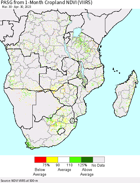 Southern Africa PASG from 1-Month Cropland NDVI (VIIRS) Thematic Map For 4/23/2023 - 4/30/2023