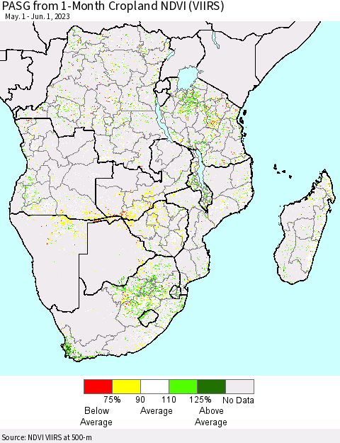 Southern Africa PASG from 1-Month Cropland NDVI (VIIRS) Thematic Map For 5/25/2023 - 6/1/2023