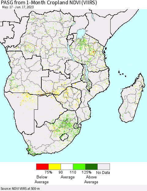 Southern Africa PASG from 1-Month Cropland NDVI (VIIRS) Thematic Map For 6/10/2023 - 6/17/2023