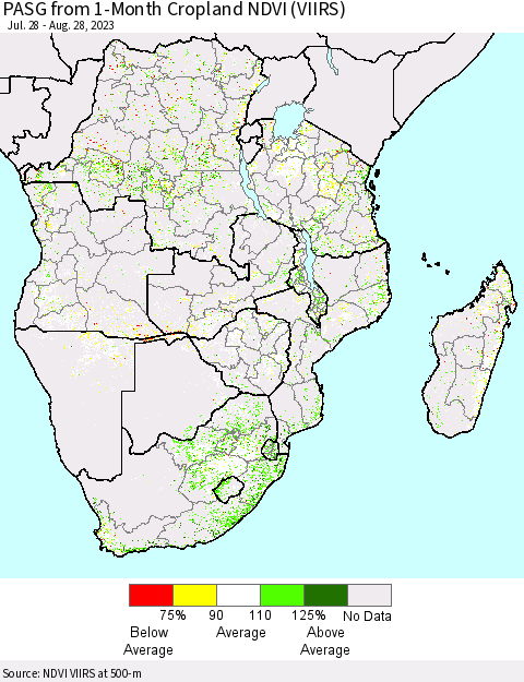 Southern Africa PASG from 1-Month Cropland NDVI (VIIRS) Thematic Map For 8/21/2023 - 8/28/2023