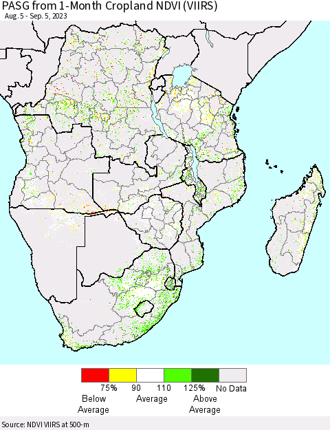 Southern Africa PASG from 1-Month Cropland NDVI (VIIRS) Thematic Map For 8/29/2023 - 9/5/2023