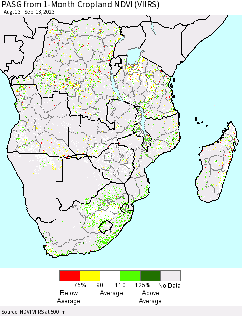 Southern Africa PASG from 1-Month Cropland NDVI (VIIRS) Thematic Map For 9/6/2023 - 9/13/2023