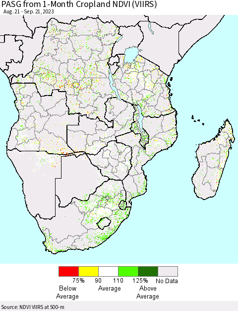 Southern Africa PASG from 1-Month Cropland NDVI (VIIRS) Thematic Map For 9/14/2023 - 9/21/2023