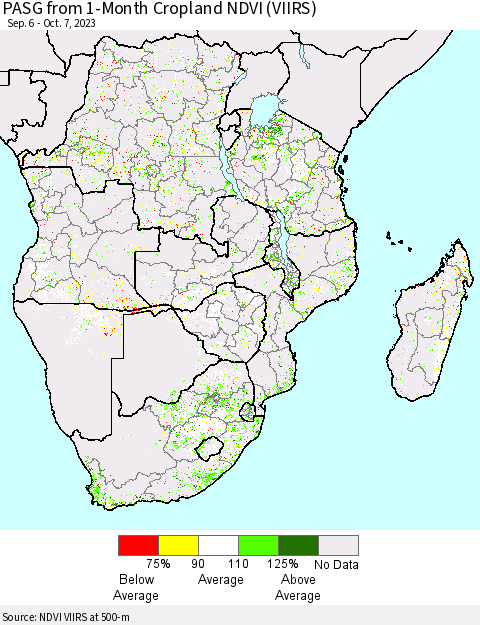 Southern Africa PASG from 1-Month Cropland NDVI (VIIRS) Thematic Map For 9/30/2023 - 10/7/2023