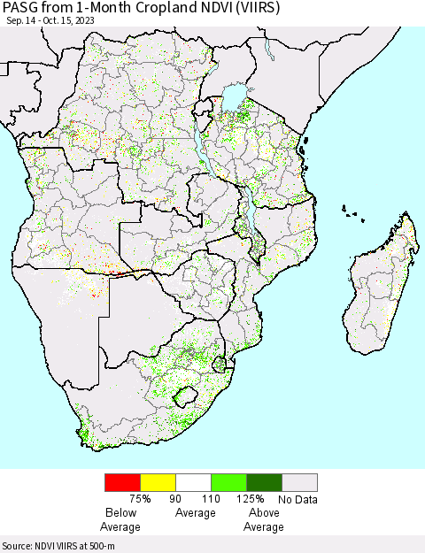 Southern Africa PASG from 1-Month Cropland NDVI (VIIRS) Thematic Map For 10/8/2023 - 10/15/2023
