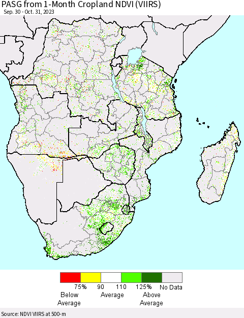Southern Africa PASG from 1-Month Cropland NDVI (VIIRS) Thematic Map For 10/24/2023 - 10/31/2023