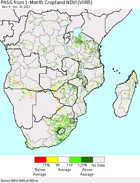 Southern Africa PASG from 1-Month Cropland NDVI (VIIRS) Thematic Map For 12/3/2023 - 12/10/2023