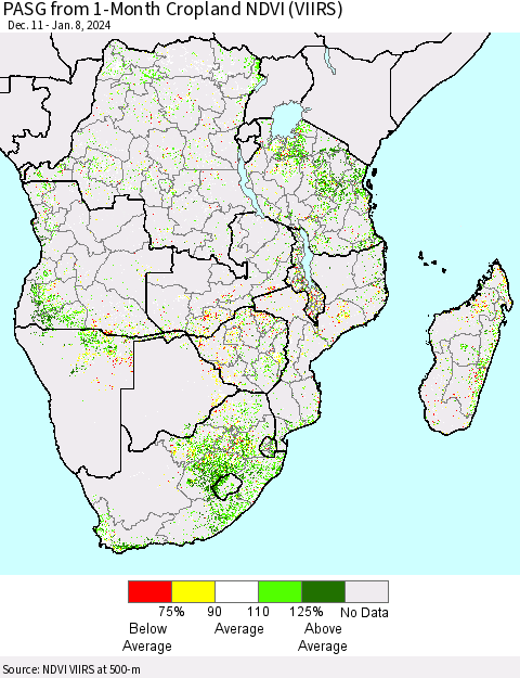 Southern Africa PASG from 1-Month Cropland NDVI (VIIRS) Thematic Map For 1/1/2024 - 1/8/2024