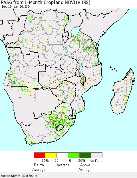 Southern Africa PASG from 1-Month Cropland NDVI (VIIRS) Thematic Map For 1/9/2024 - 1/16/2024