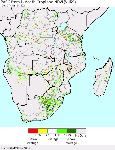 Southern Africa PASG from 1-Month Cropland NDVI (VIIRS) Thematic Map For 1/17/2024 - 1/24/2024