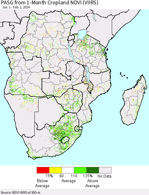 Southern Africa PASG from 1-Month Cropland NDVI (VIIRS) Thematic Map For 1/25/2024 - 2/1/2024