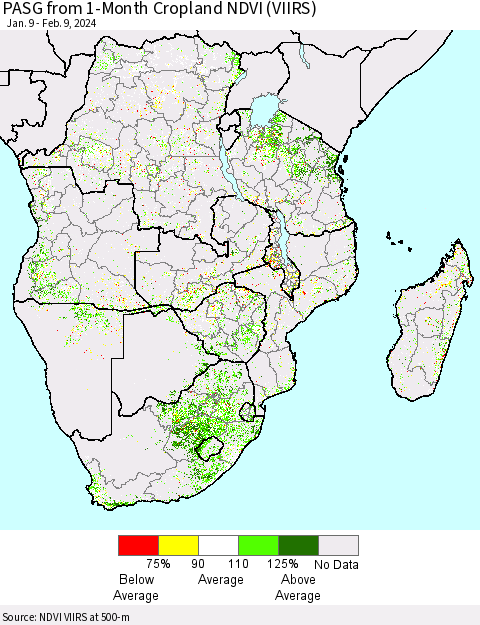Southern Africa PASG from 1-Month Cropland NDVI (VIIRS) Thematic Map For 2/2/2024 - 2/9/2024