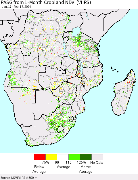 Southern Africa PASG from 1-Month Cropland NDVI (VIIRS) Thematic Map For 2/10/2024 - 2/17/2024