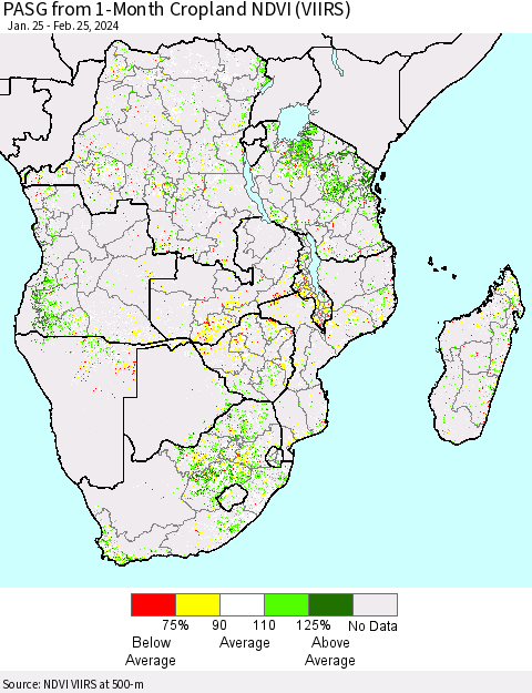 Southern Africa PASG from 1-Month Cropland NDVI (VIIRS) Thematic Map For 2/18/2024 - 2/25/2024