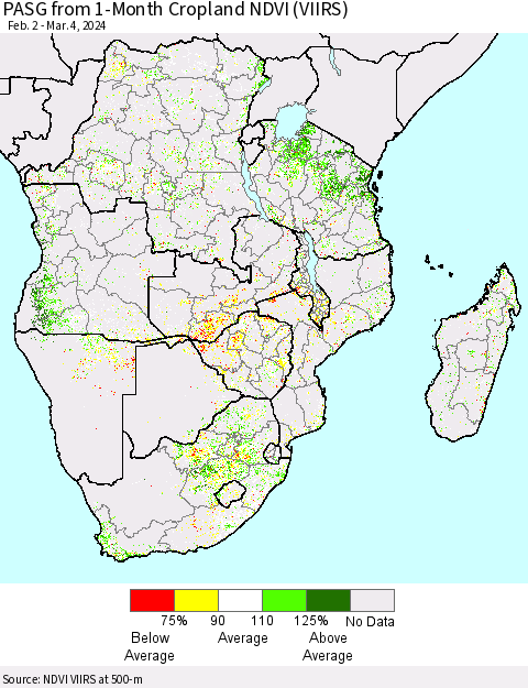 Southern Africa PASG from 1-Month Cropland NDVI (VIIRS) Thematic Map For 2/26/2024 - 3/4/2024