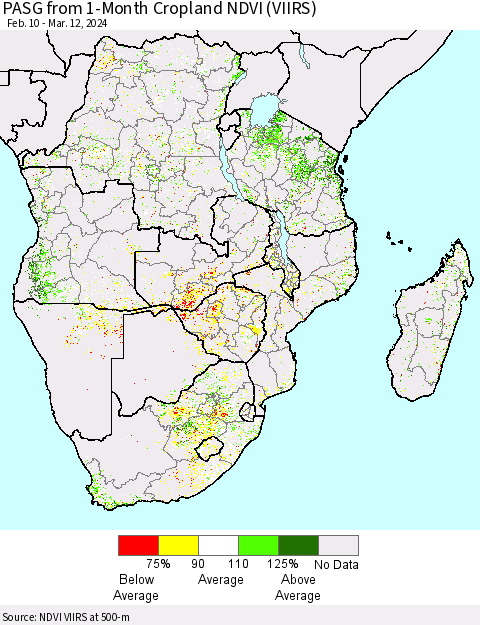 Southern Africa PASG from 1-Month Cropland NDVI (VIIRS) Thematic Map For 3/5/2024 - 3/12/2024