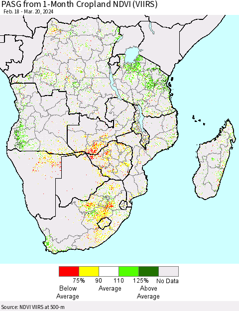 Southern Africa PASG from 1-Month Cropland NDVI (VIIRS) Thematic Map For 3/13/2024 - 3/20/2024
