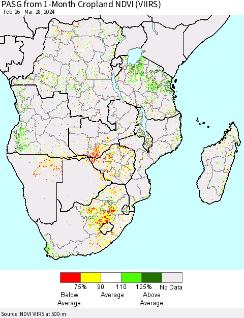 Southern Africa PASG from 1-Month Cropland NDVI (VIIRS) Thematic Map For 3/21/2024 - 3/28/2024