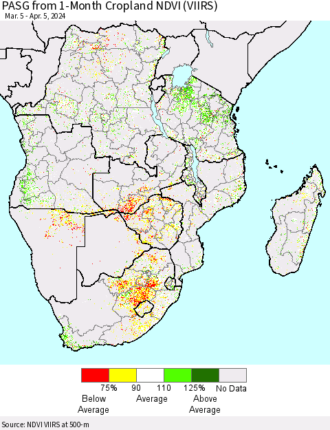 Southern Africa PASG from 1-Month Cropland NDVI (VIIRS) Thematic Map For 3/29/2024 - 4/5/2024