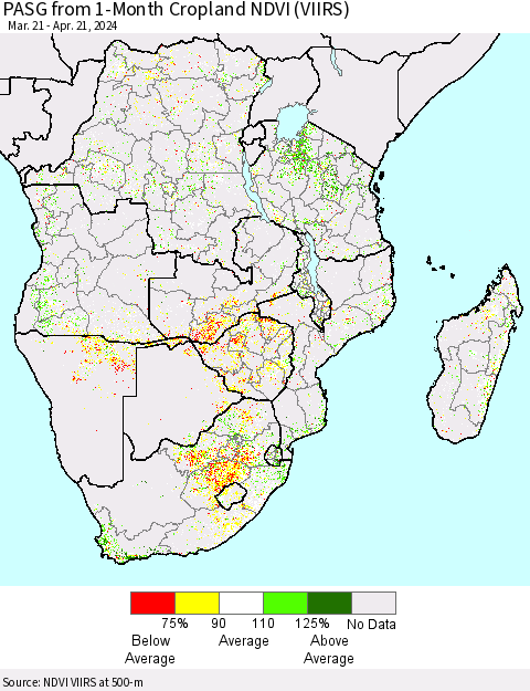 Southern Africa PASG from 1-Month Cropland NDVI (VIIRS) Thematic Map For 4/14/2024 - 4/21/2024