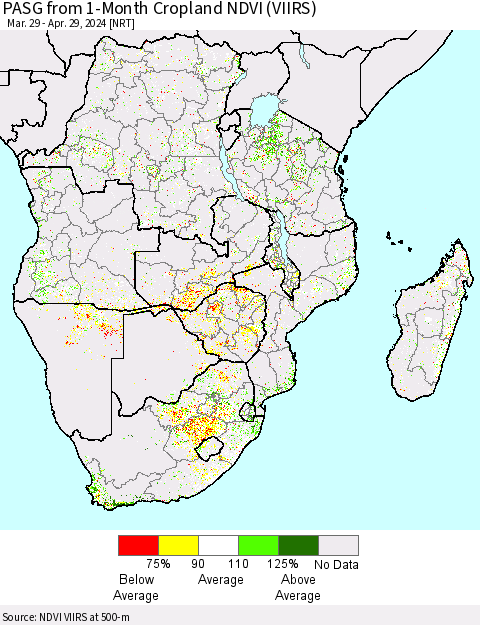 Southern Africa PASG from 1-Month Cropland NDVI (VIIRS) Thematic Map For 4/22/2024 - 4/29/2024