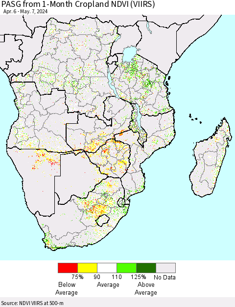 Southern Africa PASG from 1-Month Cropland NDVI (VIIRS) Thematic Map For 4/30/2024 - 5/7/2024