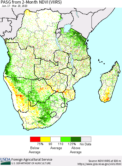 Southern Africa PASG from 2-Month NDVI (VIIRS) Thematic Map For 3/11/2020 - 3/20/2020