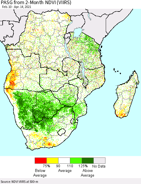 Southern Africa PASG from 2-Month NDVI (VIIRS) Thematic Map For 4/7/2021 - 4/14/2021