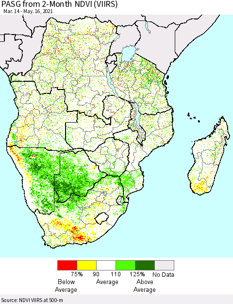 Southern Africa PASG from 2-Month NDVI (VIIRS) Thematic Map For 5/9/2021 - 5/16/2021