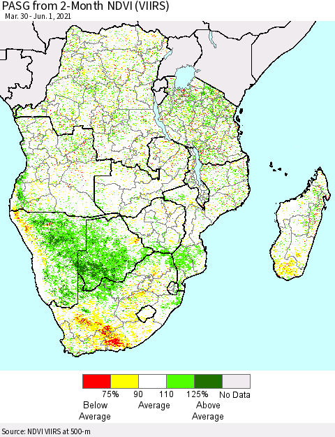 Southern Africa PASG from 2-Month NDVI (VIIRS) Thematic Map For 5/25/2021 - 6/1/2021
